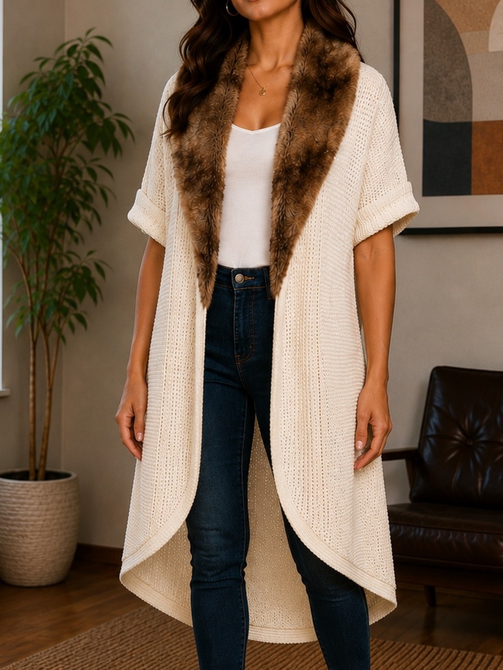 Splash faux fur collar cardigan